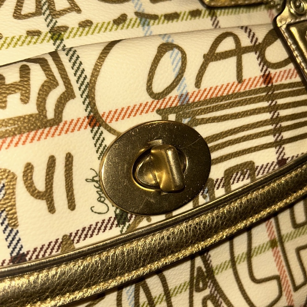 Coach Poppy Chelsea Graffiti Gold Tattersall Satchel Purse Cream and Gold - Picture 6 of 17